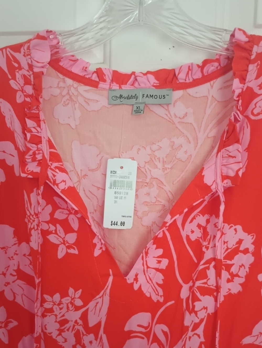 Absolutely Famous Coral and Light Pink Floral V-Neck Long Sleeve Tiered Dress - Picture 3 of 11